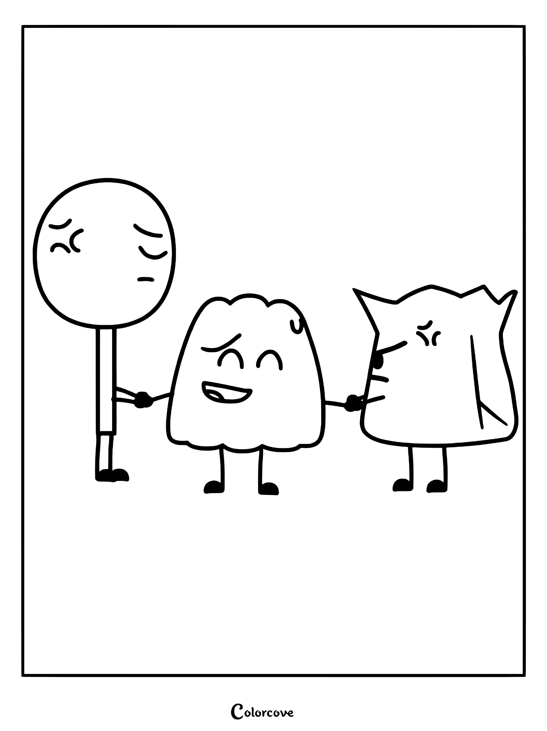 Gelatin holding hands with Lollipop and Barf Bag in a line art coloring page.