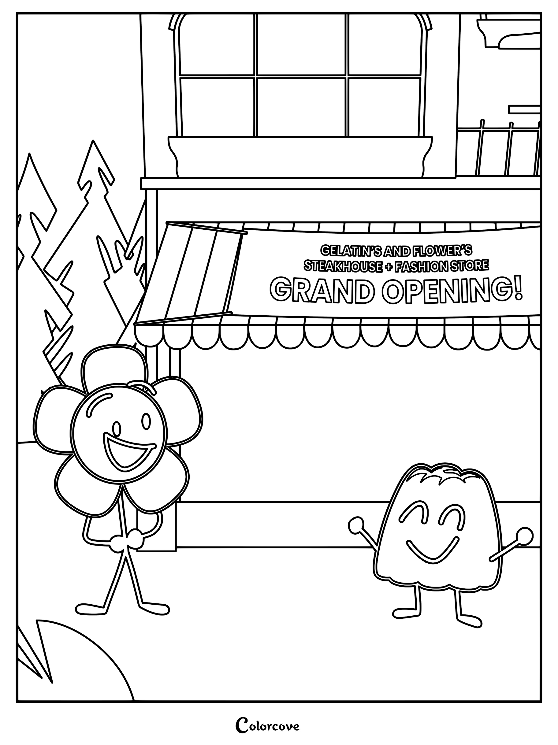 Gelatin and Flower standing in front of their joint Steakhouse and Fashion Store for a grand opening event in this printable coloring page.