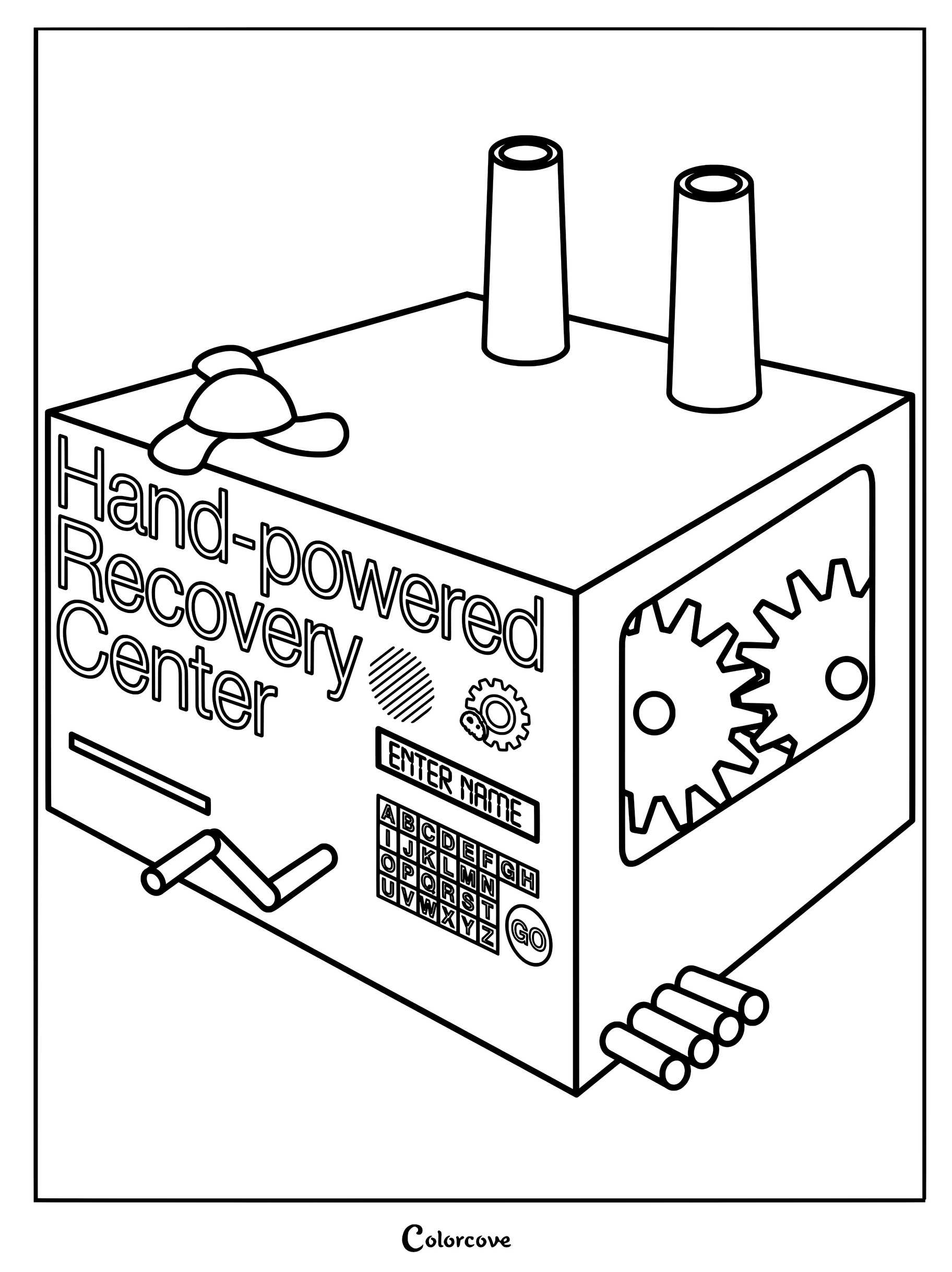 Hand-powered Recovery Center from Battle For Dream Island with gears, chimneys, and alphabet keypad coloring page.