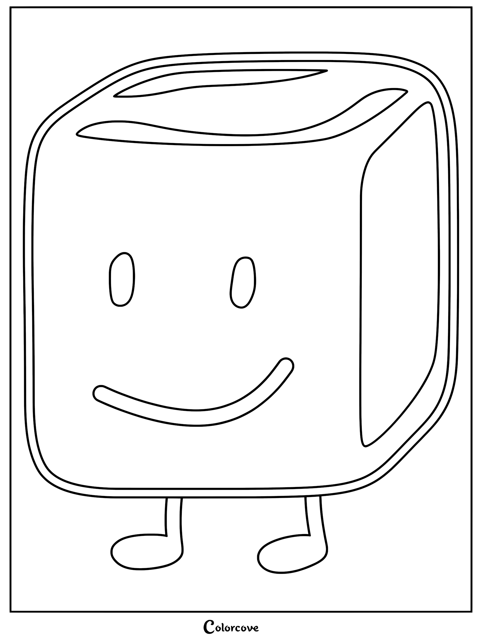 A simple black and white line art coloring page of Ice Cube from Battle For Dream Island with a smiling face and small legs.