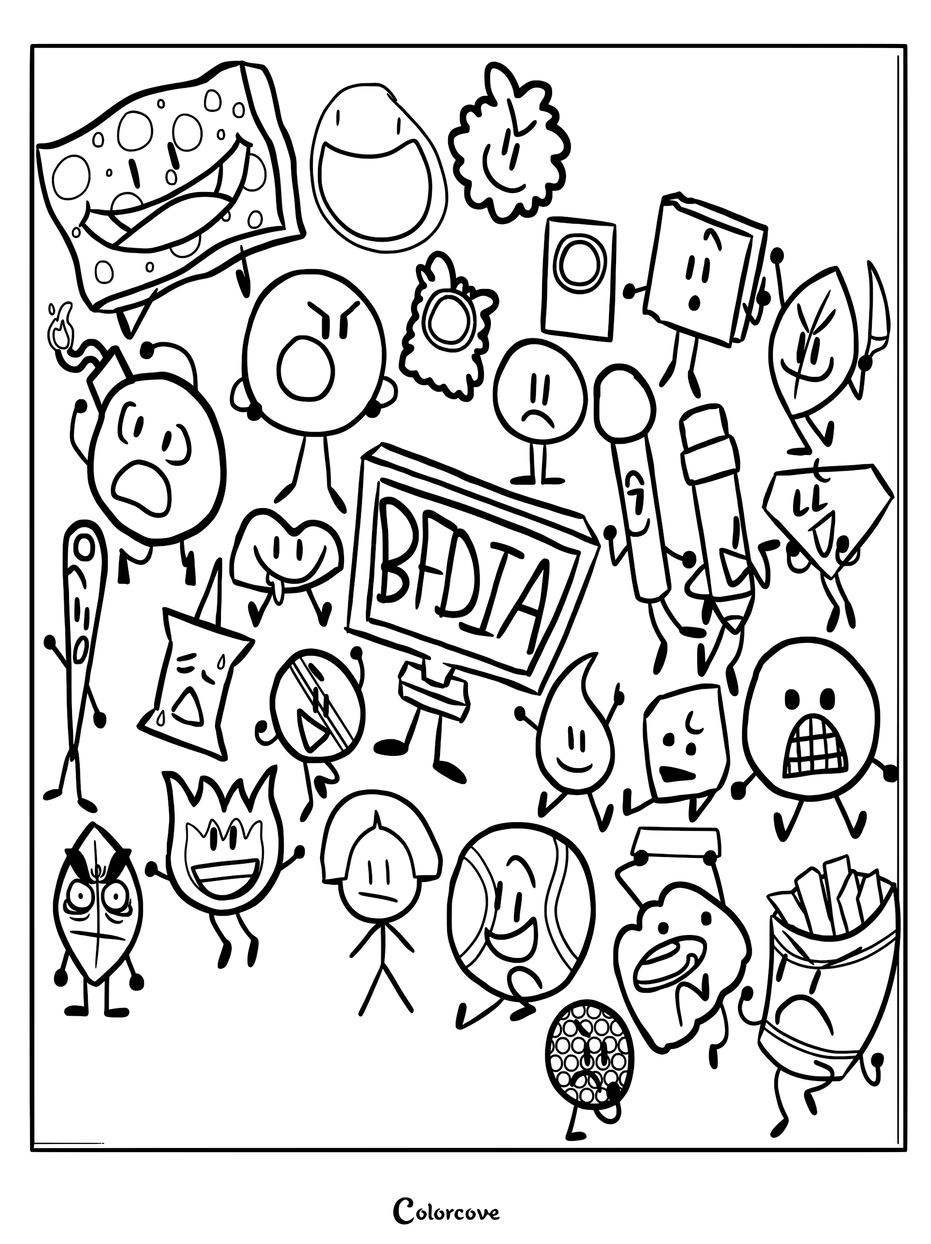 A detailed coloring page featuring the full cast of Battle for Dream Island Again characters including Spongey, Leafy, Firey, and Tennis Ball surrounding a BFDIA sign.
