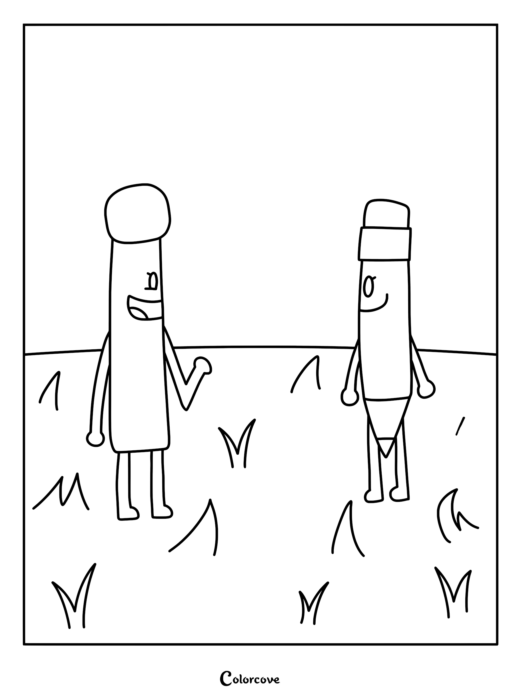 Match and Pencil from Battle For Dream Island standing in a grassy field having a conversation, line art coloring page.