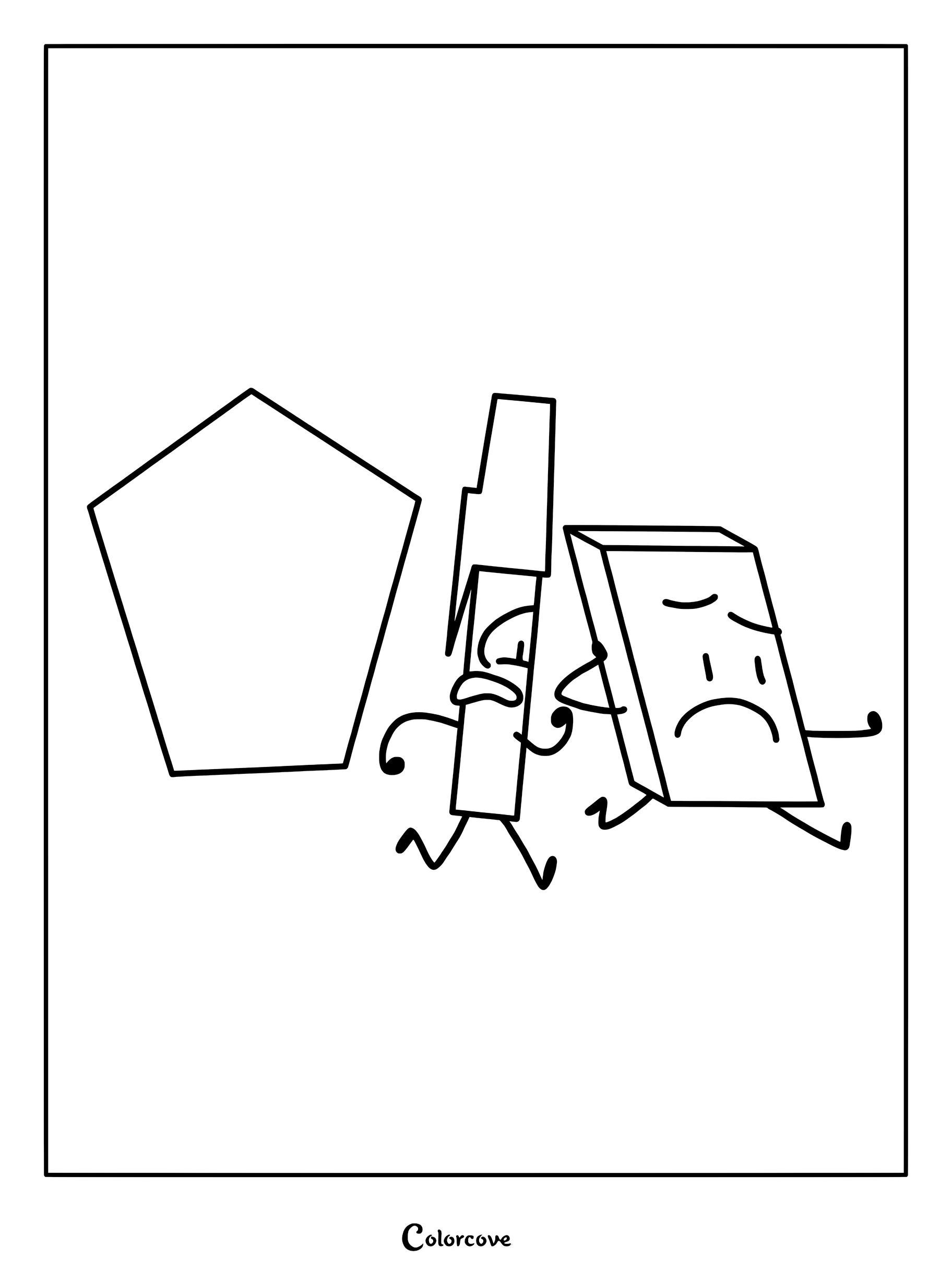 Pen and Eraser looking scared while running away from a Pentagon in this Battle For Dream Island coloring page.