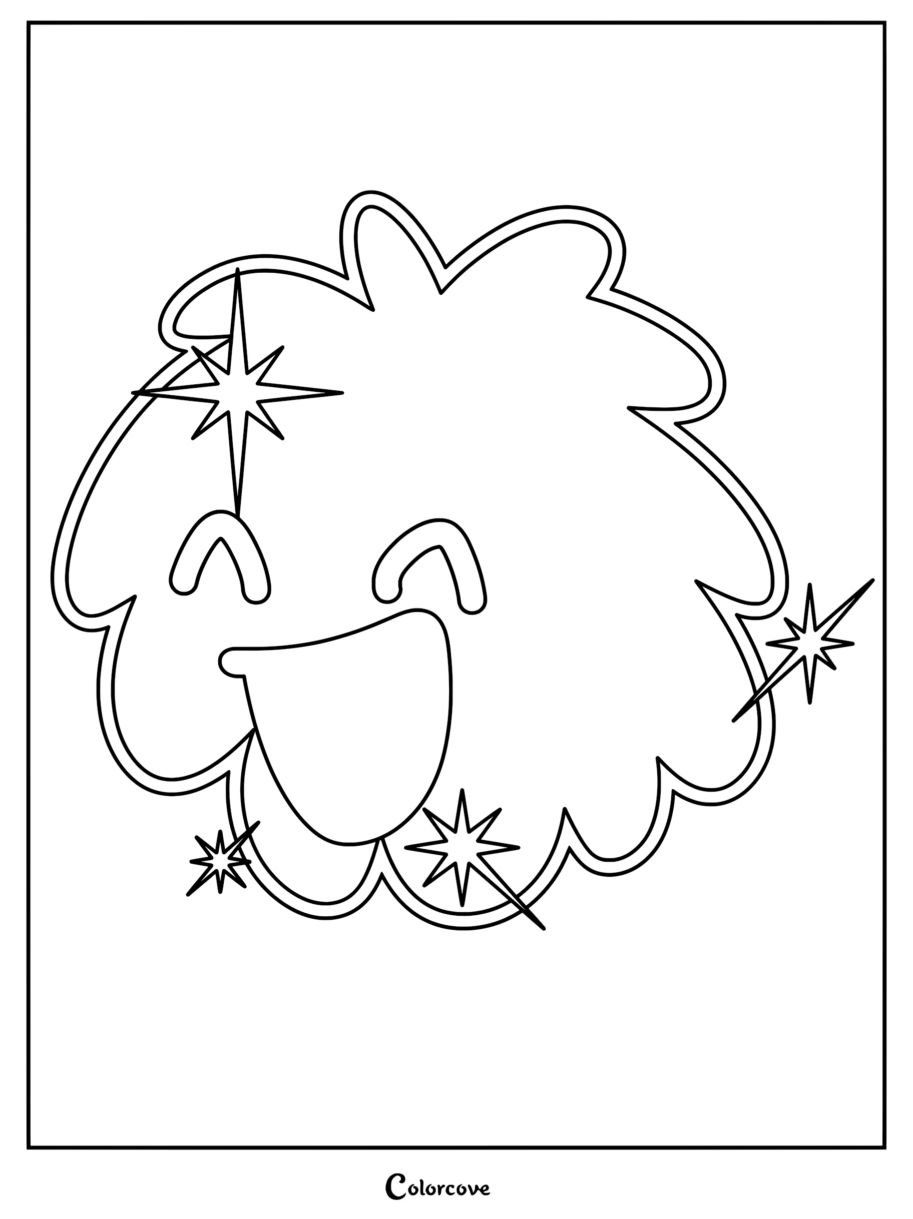 Puffball from Battle For Dream Island with a happy expression and sparkling stars in a simple line art coloring page.