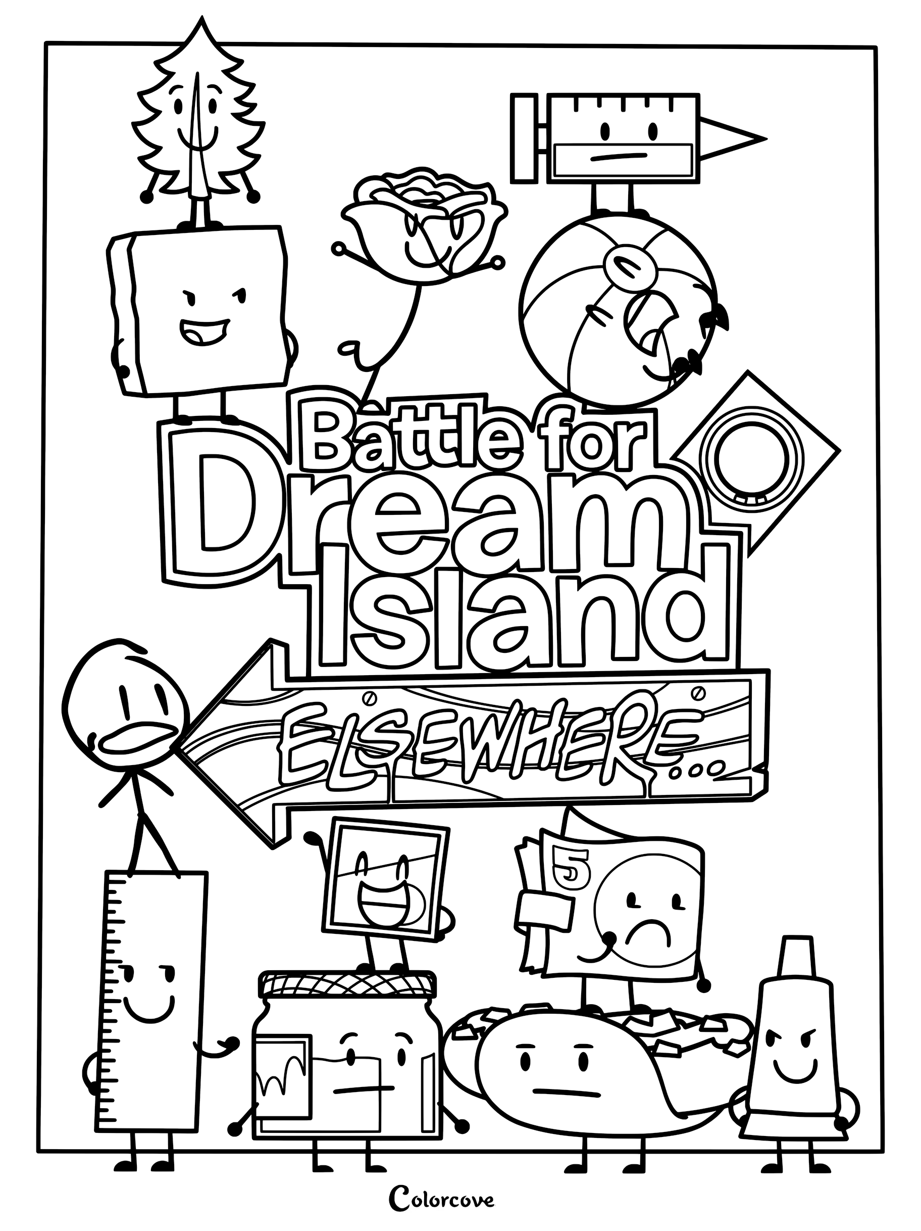 Battle for Dream Island Elsewhere poster coloring page featuring Tree, Spongey, Flower, Balloony, David, Ruler, Picture Frame, Five, Taco, and Glue.