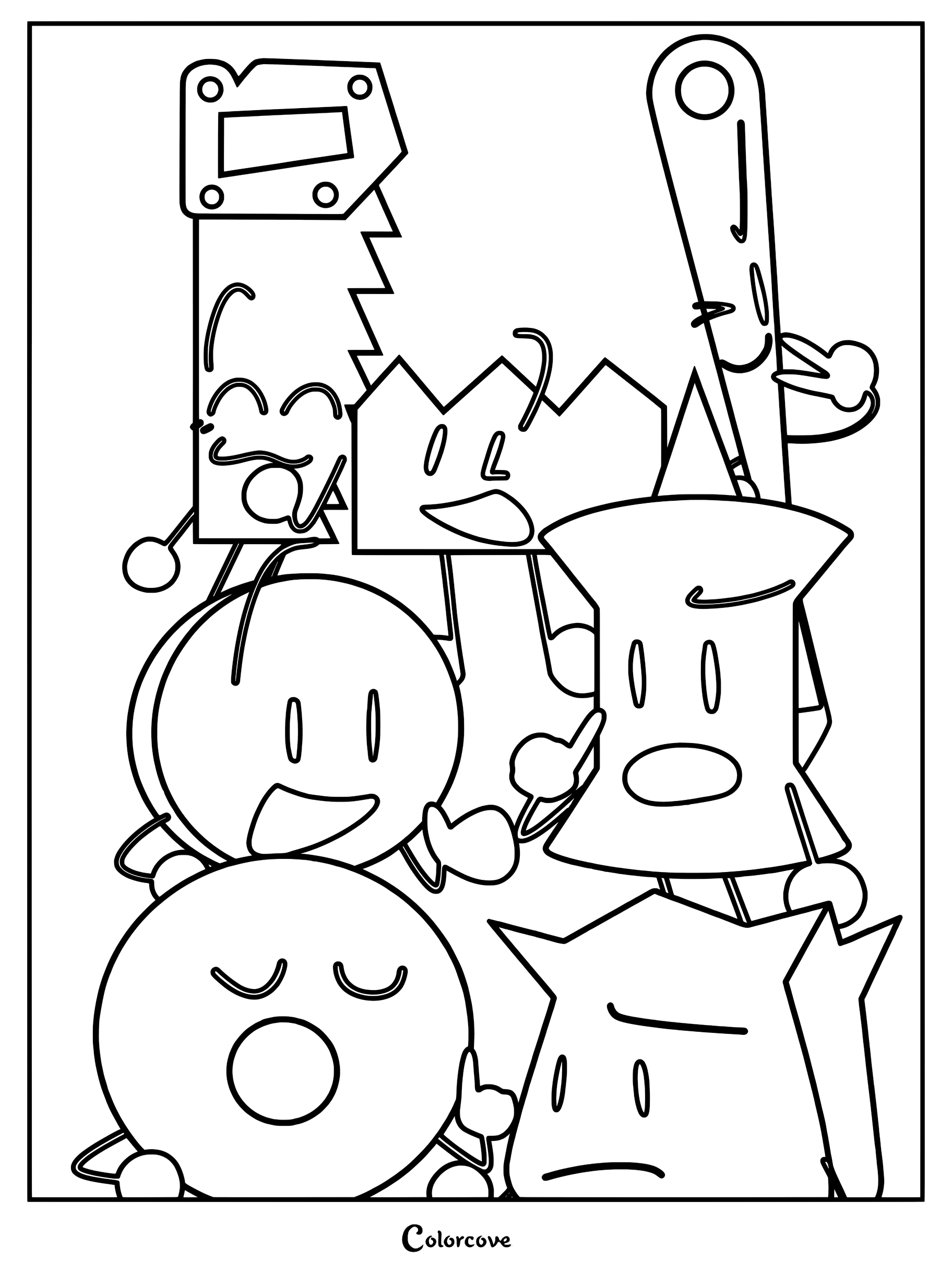 Battle For Dream Island Team8s coloring page featuring Saw, Gaty, Needle, Coin, Pin, and Donut posing together.