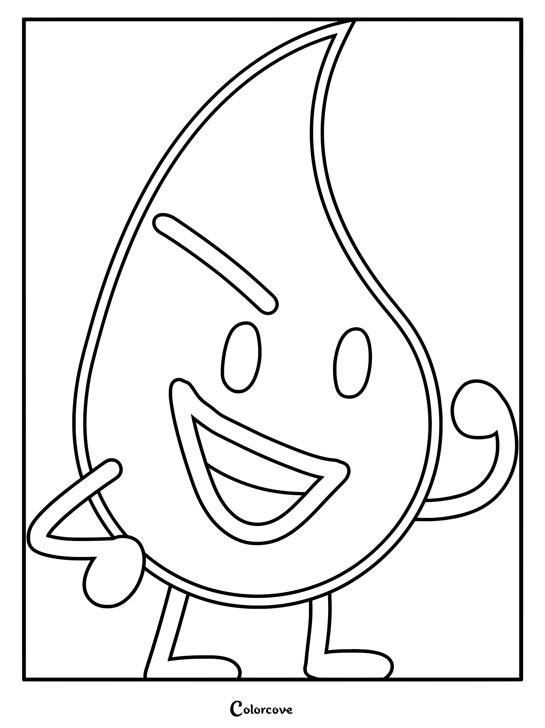Teardrop from Battle For Dream Island with a confident smirk and raised arm in this printable coloring page.
