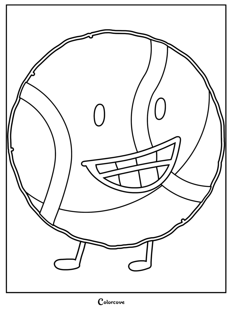 Tennis Ball from Battle For Dream Island character coloring page with a wide smiling face and thin stick legs.
