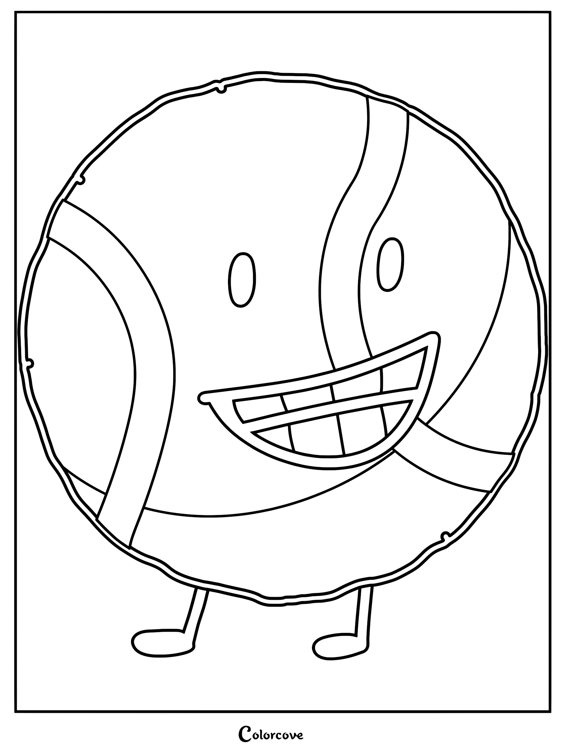 Tennis Ball from Battle For Dream Island character coloring page with a wide smiling face and thin stick legs.