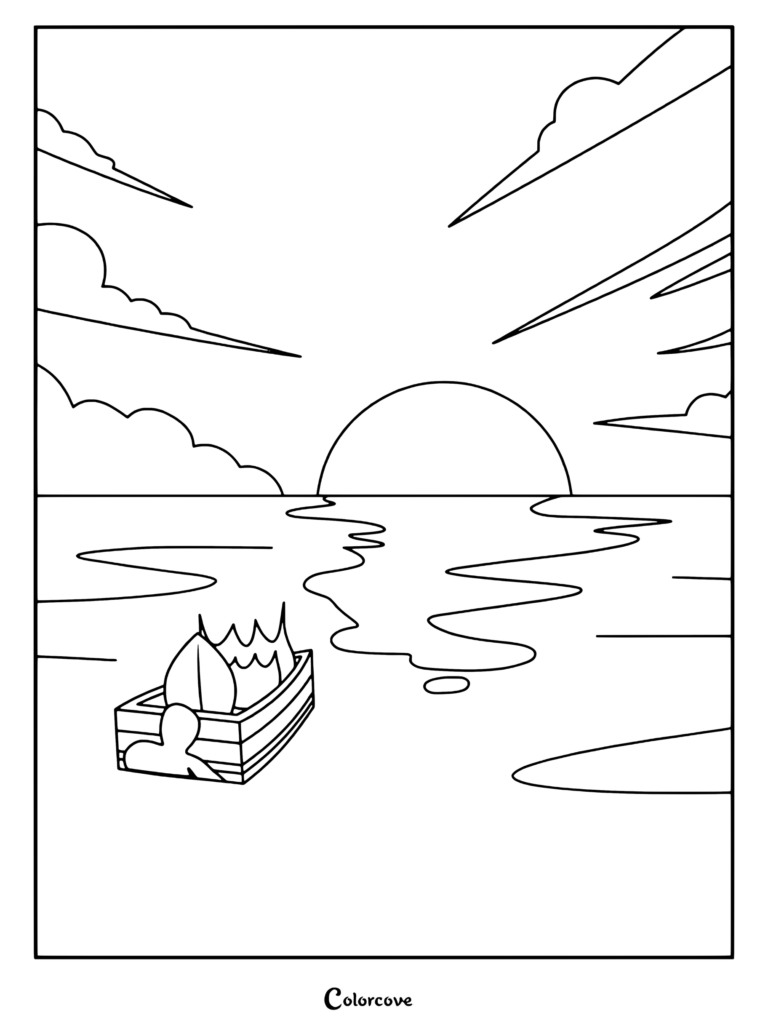 Firey and Leafy standing on the ferry deck overlooking Dream Island at sunset coloring page for Battle For Dream Island fans