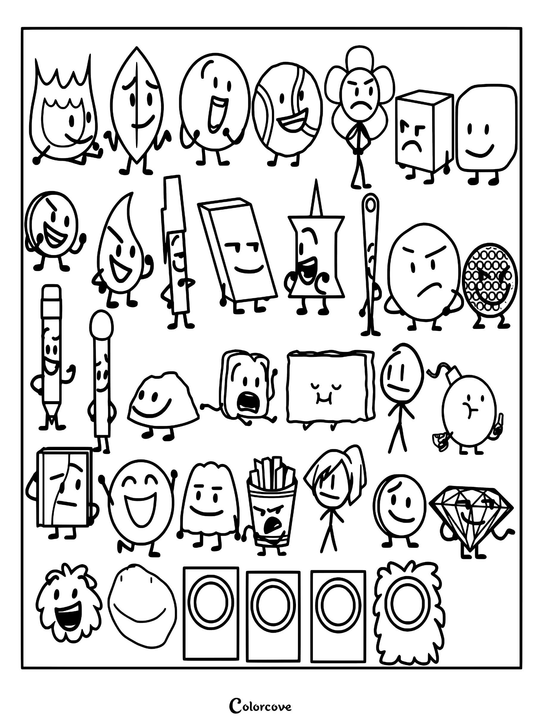 A printable coloring page featuring a large collection of BFDI characters including Firey, Leafy, Flower, and many others in a grid layout.