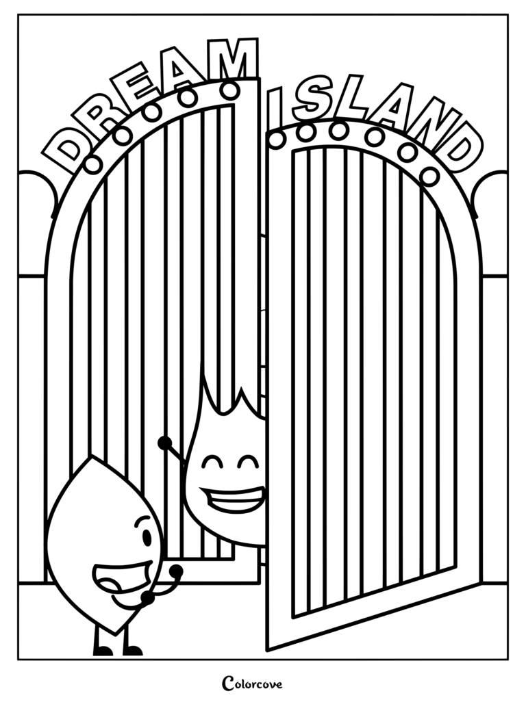 Printable coloring page of Firey and Leafy from Battle for Dream Island at the gates of Dream Island.
