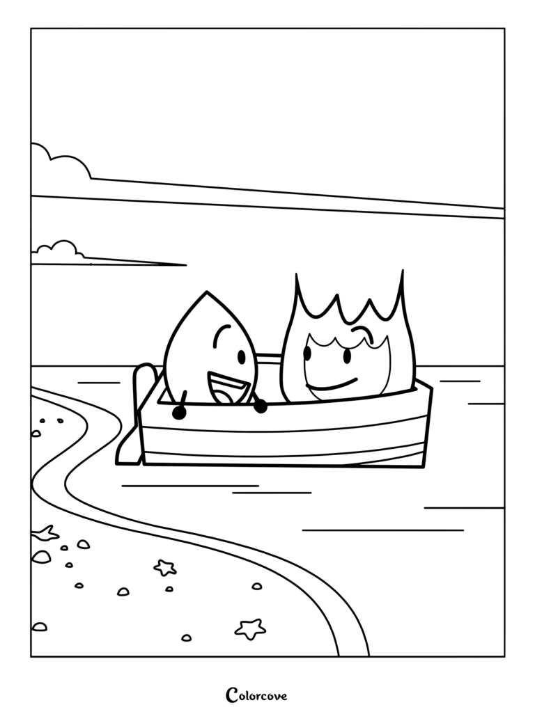 Coloring page featuring Leafy and Firey from Battle for Dream Island riding in a small boat near the shore.