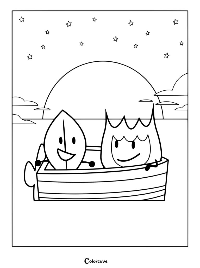 Coloring page of Leafy and Firey riding together in a small boat under a night sky from the animated web series Battle for Dream Island (BFDI)