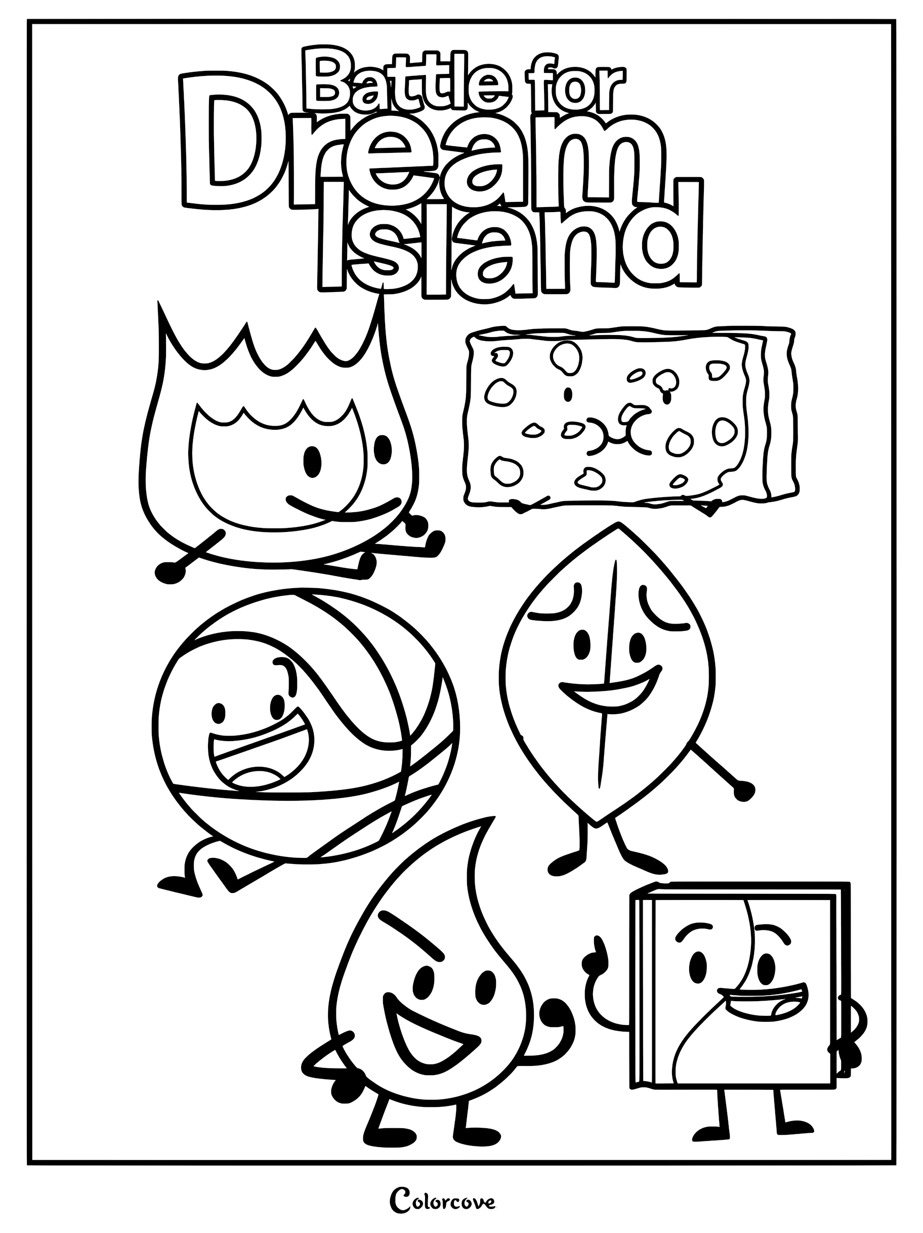 A Battle For Dream Island poster coloring page featuring Firey, Spongy, Basketball, Leafy, Teardrop, and Book.