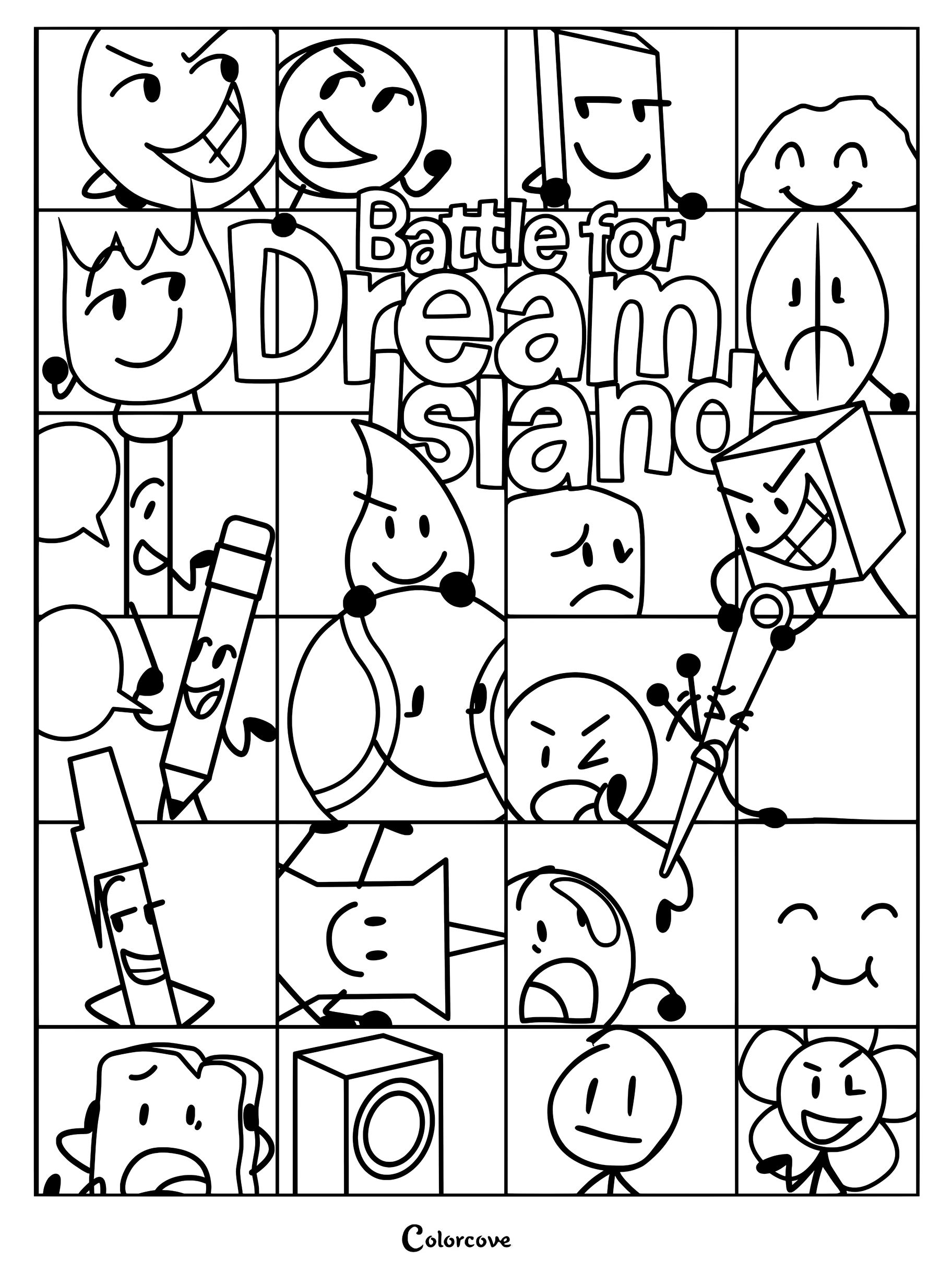 A detailed Battle For Dream Island poster coloring page featuring Firey, Leafy, Bubble, Blocky, Pencil, Needle, and other iconic characters in a grid layout.
