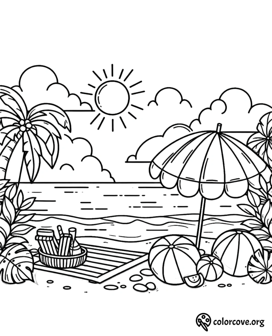 a black and white drawing of a beach with palm trees and umbrella