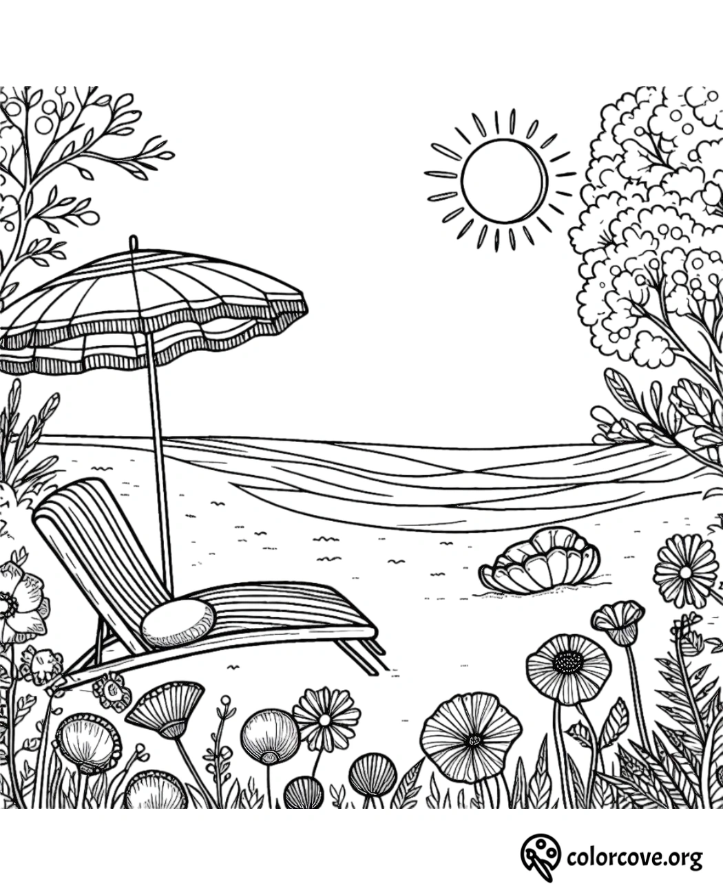 a black and white drawing of a beach with a chair and umbrella