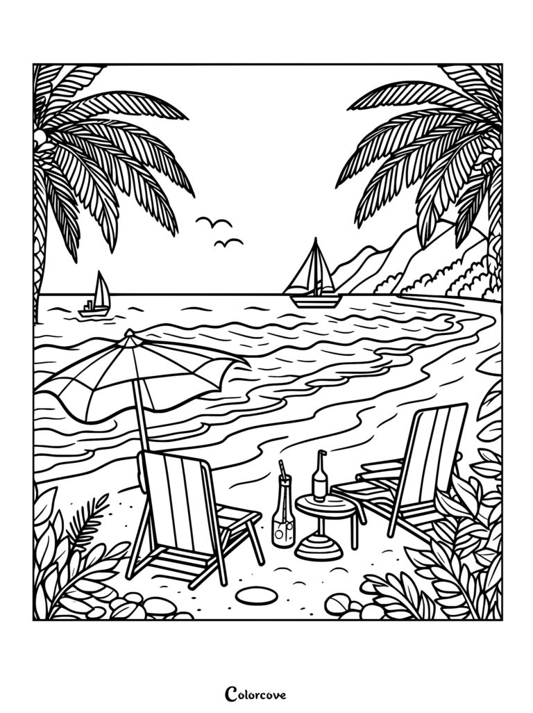 A relaxing tropical beach coloring page featuring two empty lounge chairs under a beach umbrella, a small side table with drinks, palm trees, and sailboats on the ocean horizon.