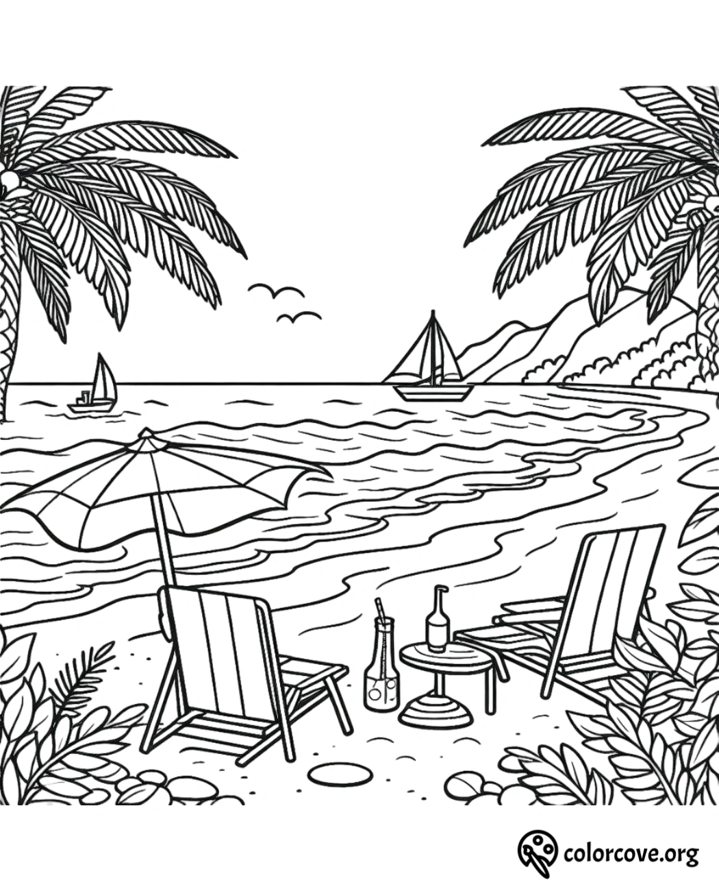 a black and white drawing of a beach with chairs and umbrellas