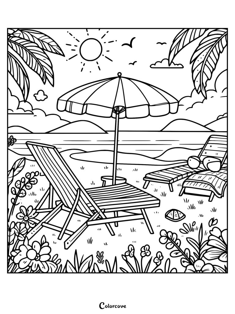 A relaxing beach scene coloring page featuring two lounge chairs under a large umbrella, surrounded by tropical flowers and palm leaves with a sunny ocean view.