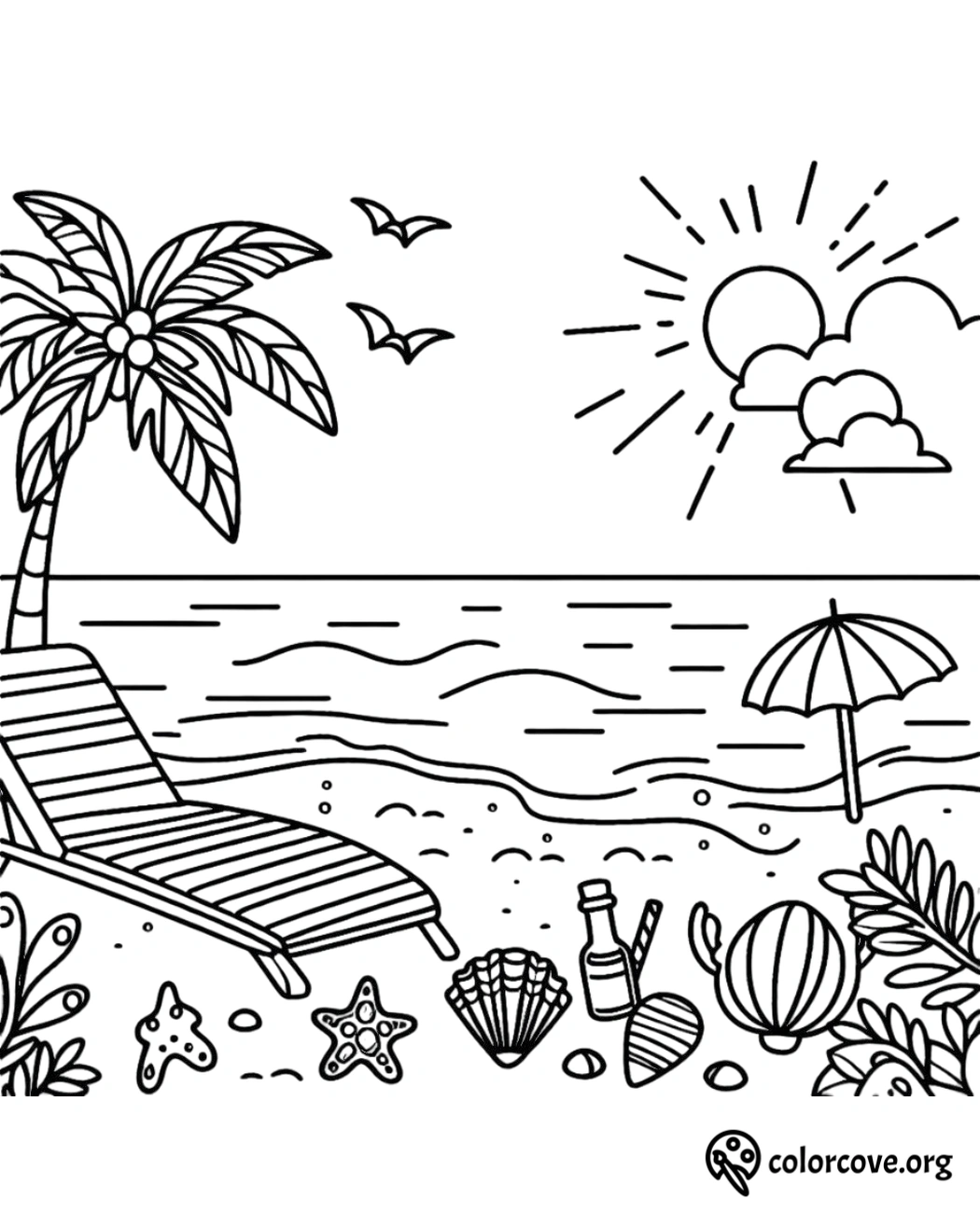 a black and white drawing of a beach