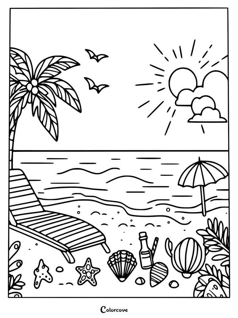 A relaxing beach coloring page featuring a lounge chair under a palm tree, a sun umbrella, sea shells, starfish, and a bottle in the sand.