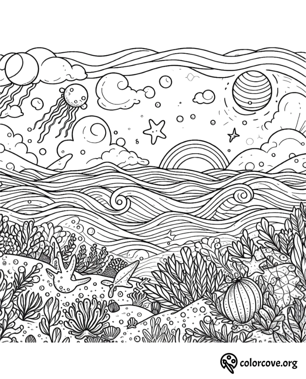 a black and white drawing of a sea landscape