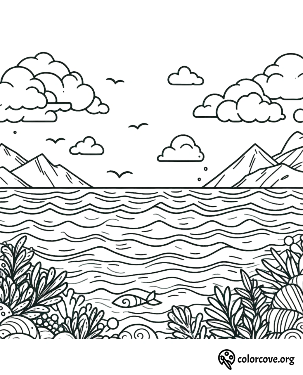 a black and white drawing of a landscape with a body of water and mountains