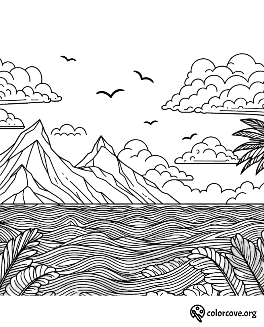 a black and white drawing of a landscape with waves and palm trees