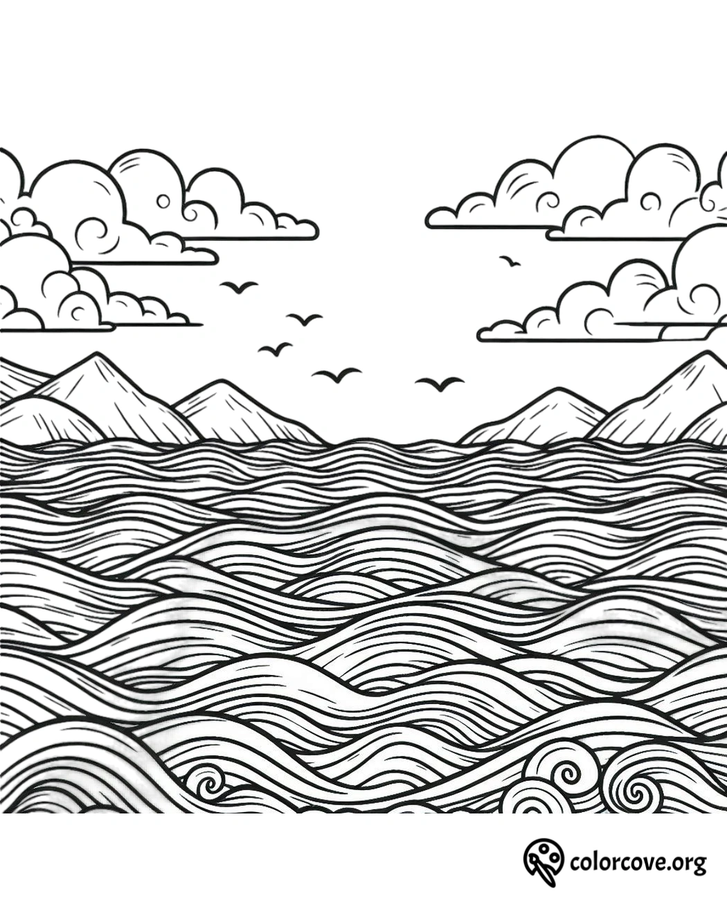 a drawing of waves and mountains