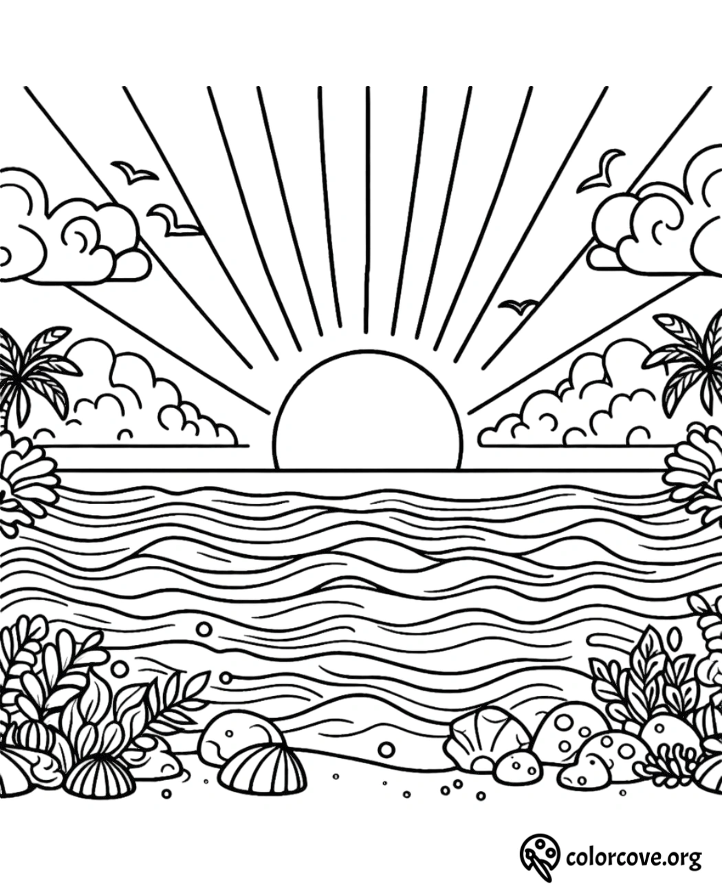 a black and white drawing of a beach with palm trees and a sun