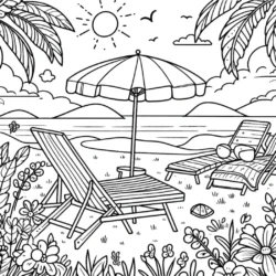 a coloring page of a beach with chairs and umbrella