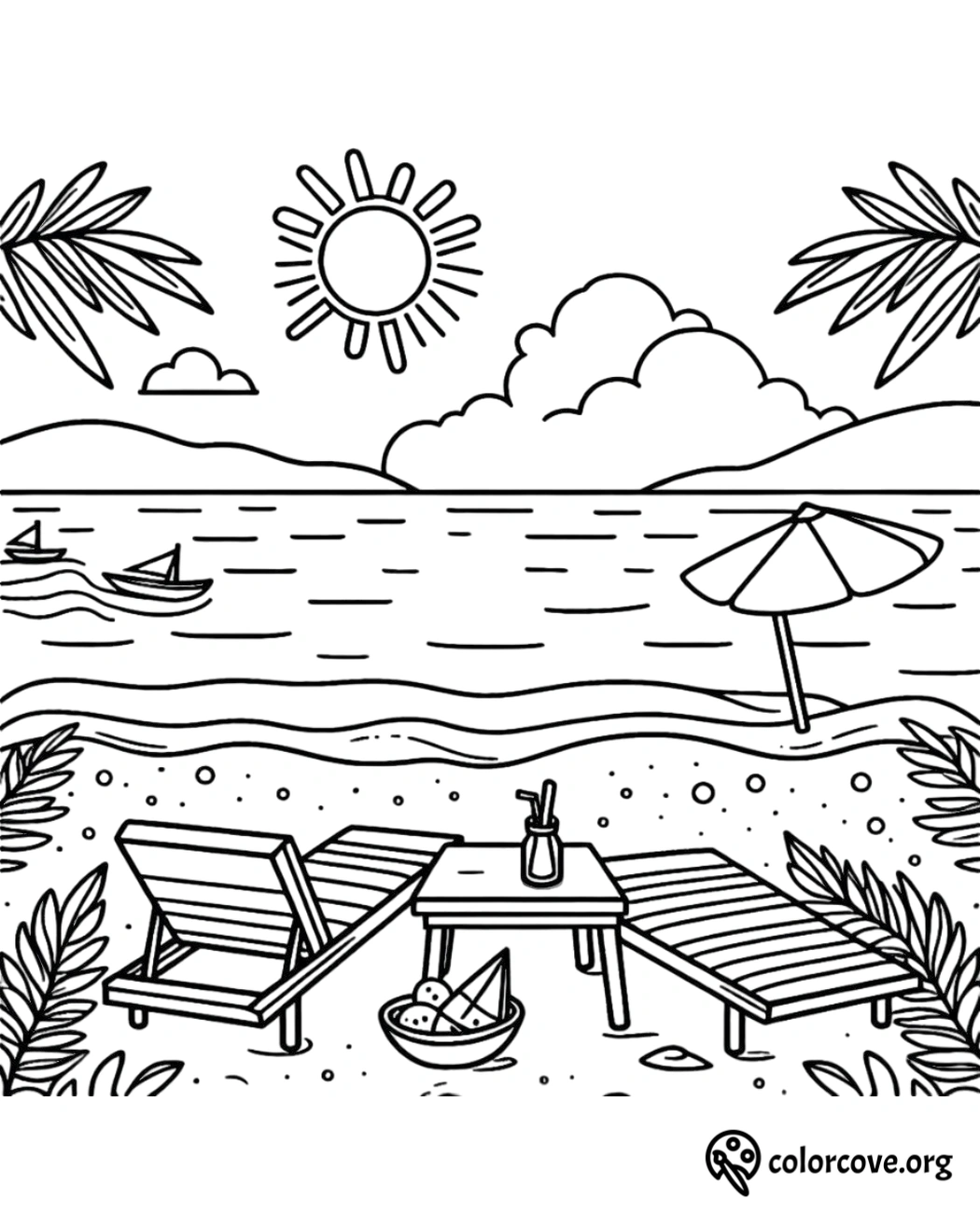 a coloring page of a beach