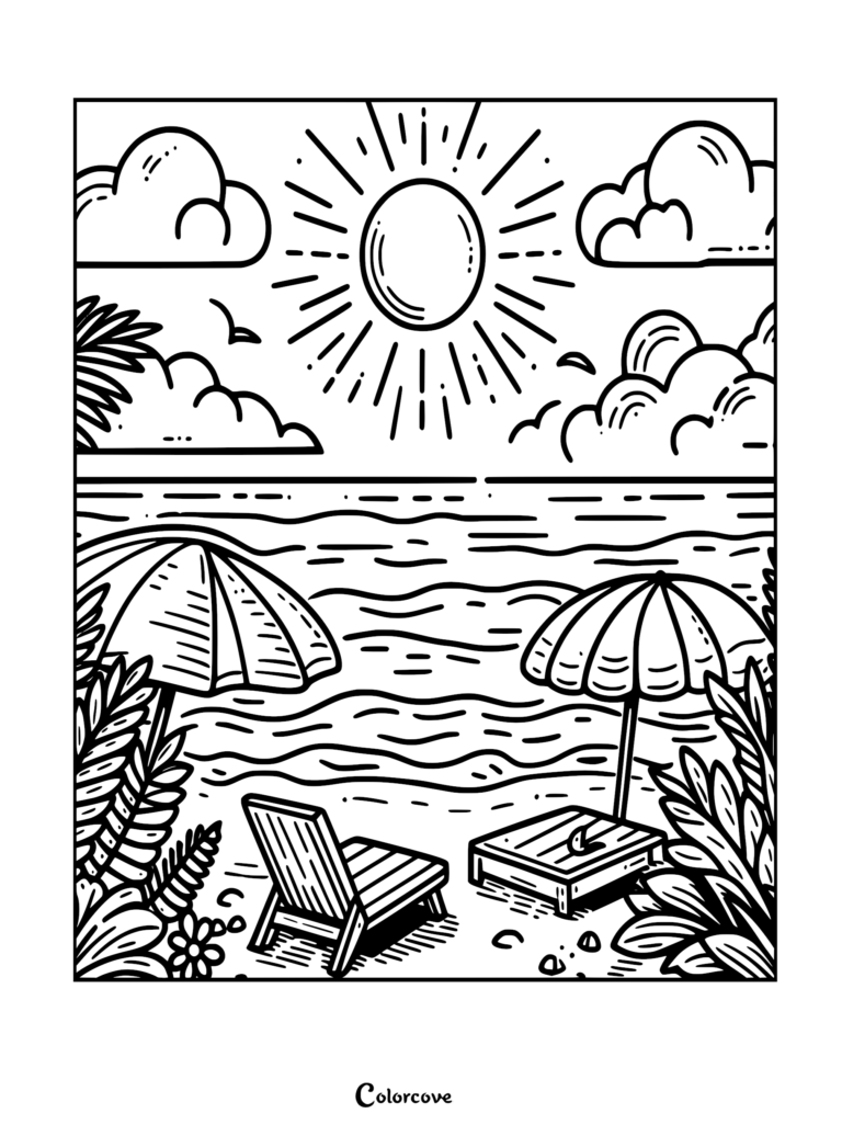 A relaxing beach coloring page featuring two lounge chairs under striped umbrellas, set on a sandy shore with palm leaves, a bright sun, and puffy clouds.