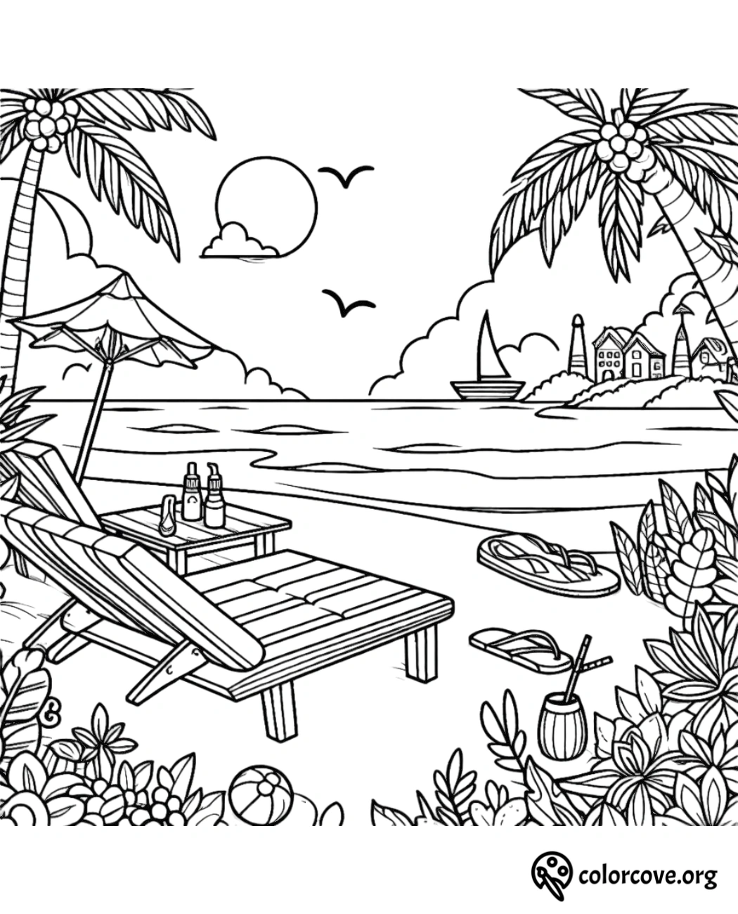 a coloring page of a beach