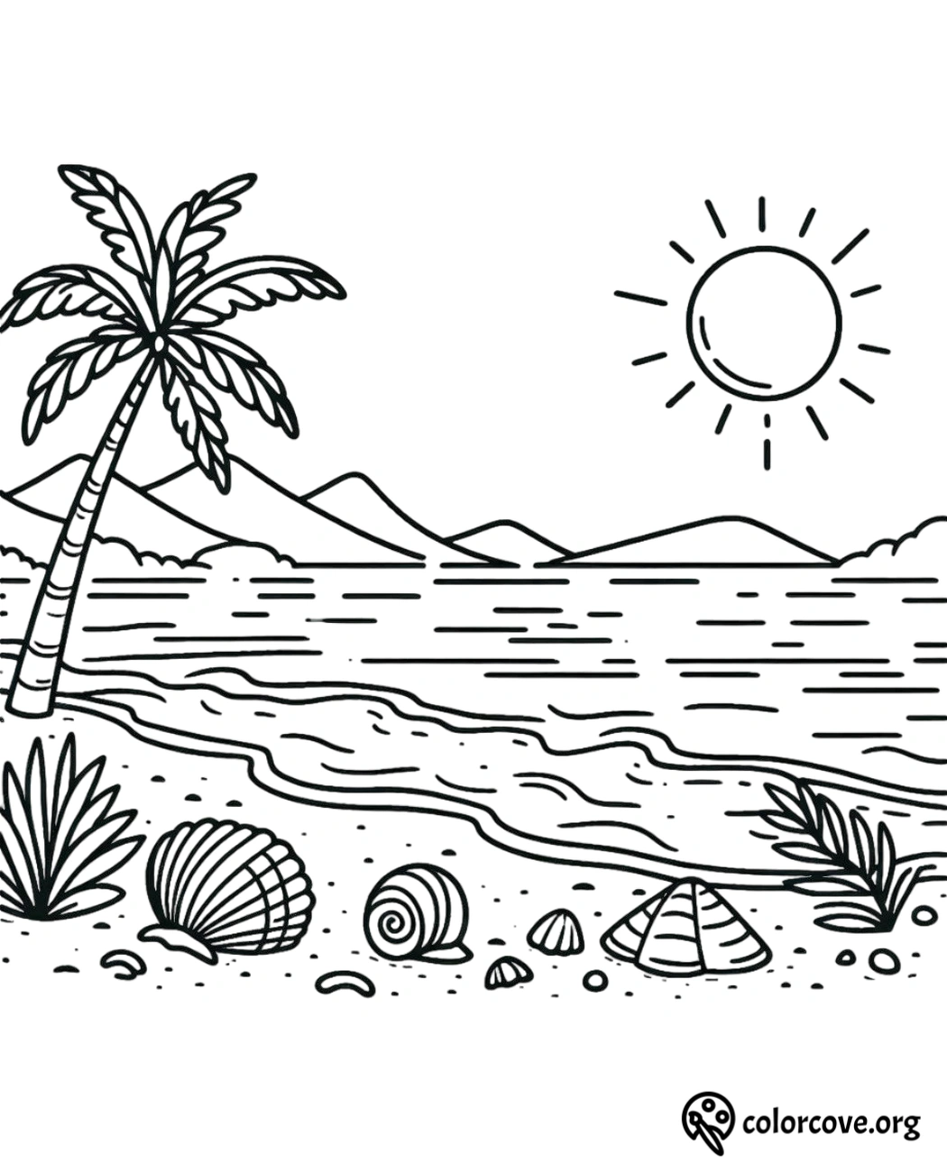 a black and white drawing of a beach with a palm tree and seashells