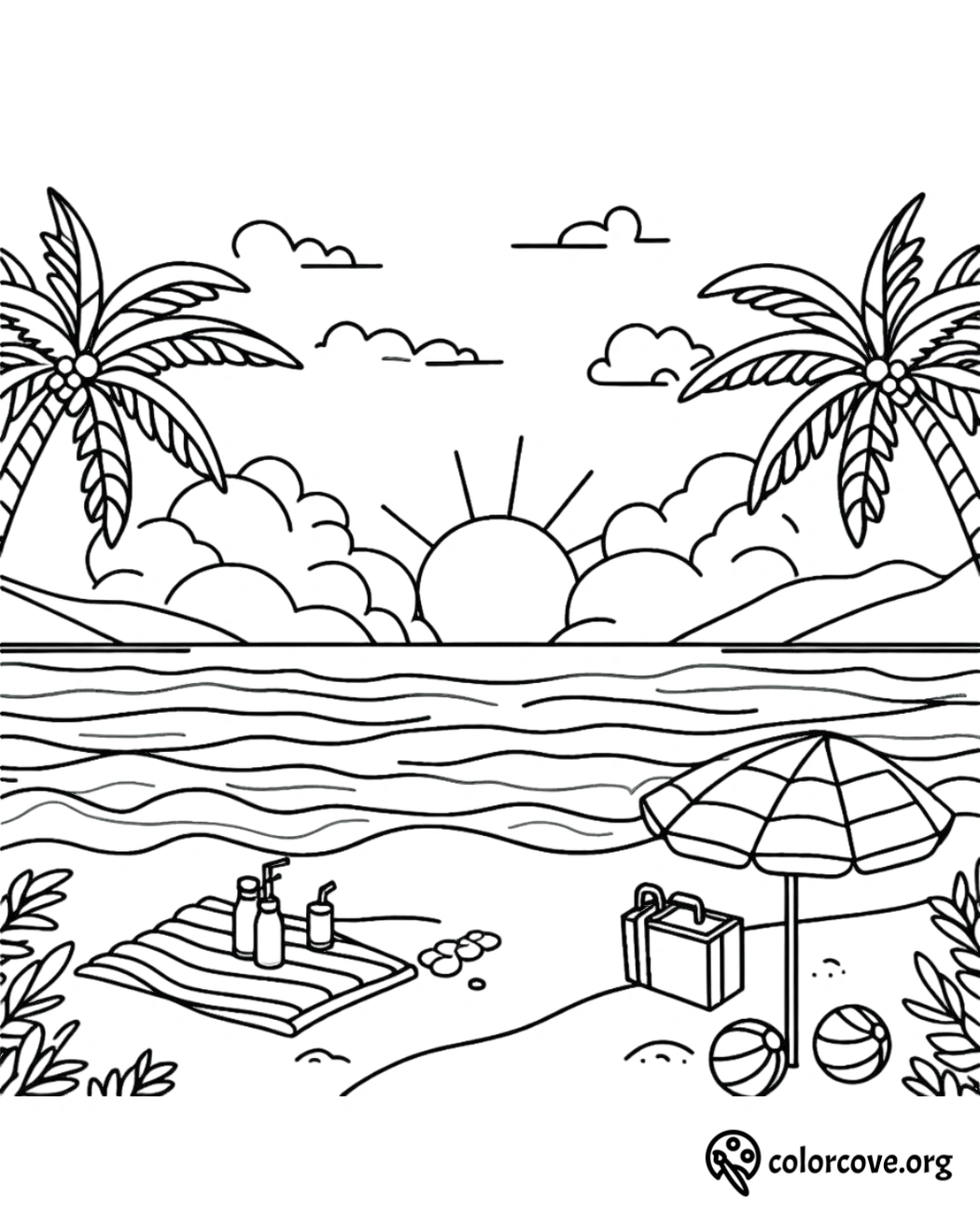 a coloring page of a beach