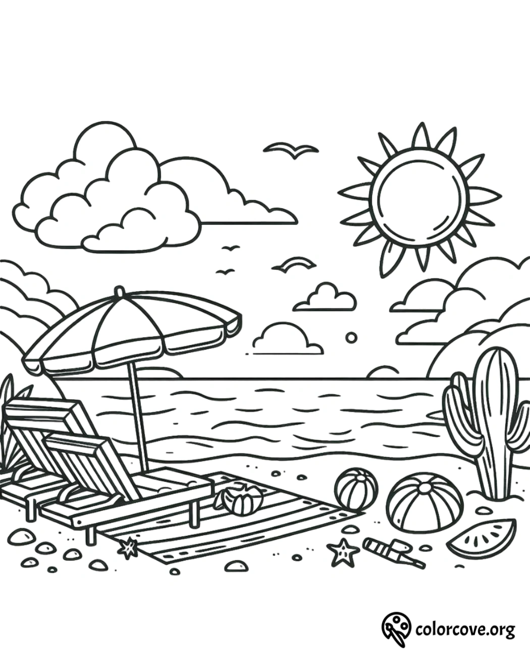 a black and white drawing of a beach with chairs and umbrella