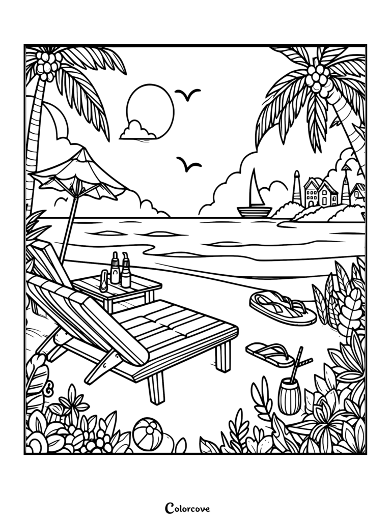 Relaxing beach coloring page featuring a wooden deck chair, umbrella, sunscreen bottles, flip-flops, and a coastal landscape with palm trees.