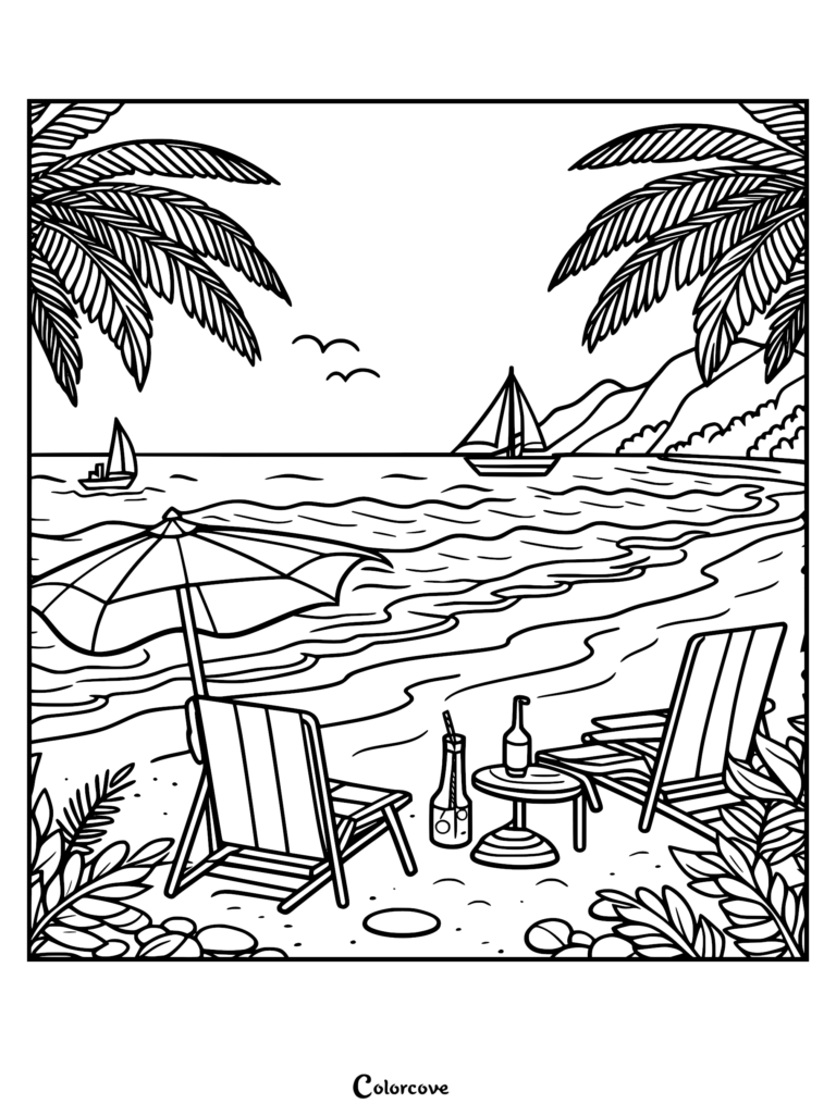 A relaxing beach coloring page featuring two lounge chairs under a parasol, a small table with drinks, palm trees, and sailboats on the horizon.