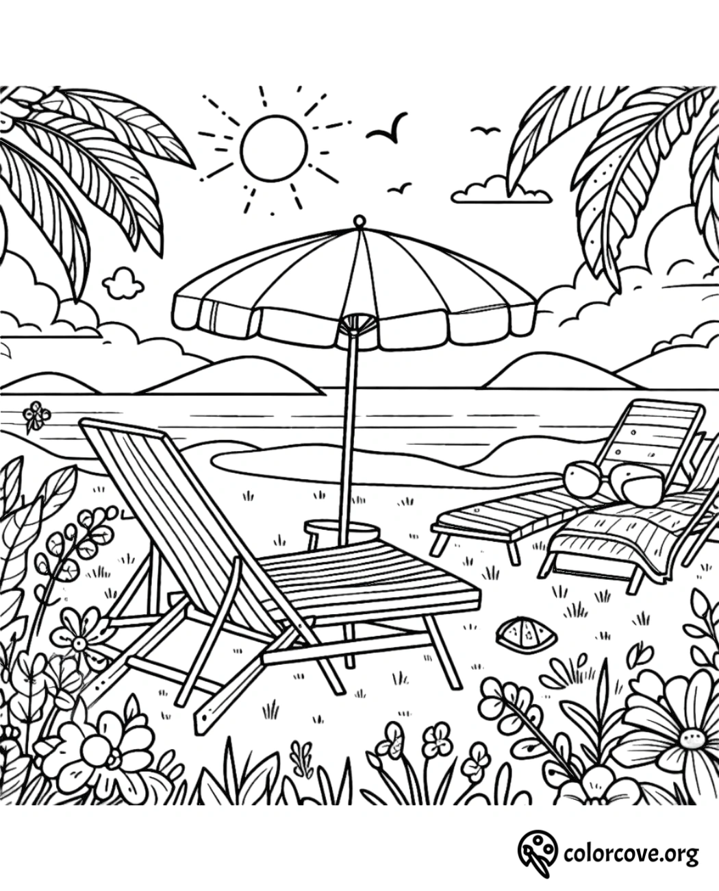 a coloring page of a beach with chairs and umbrella