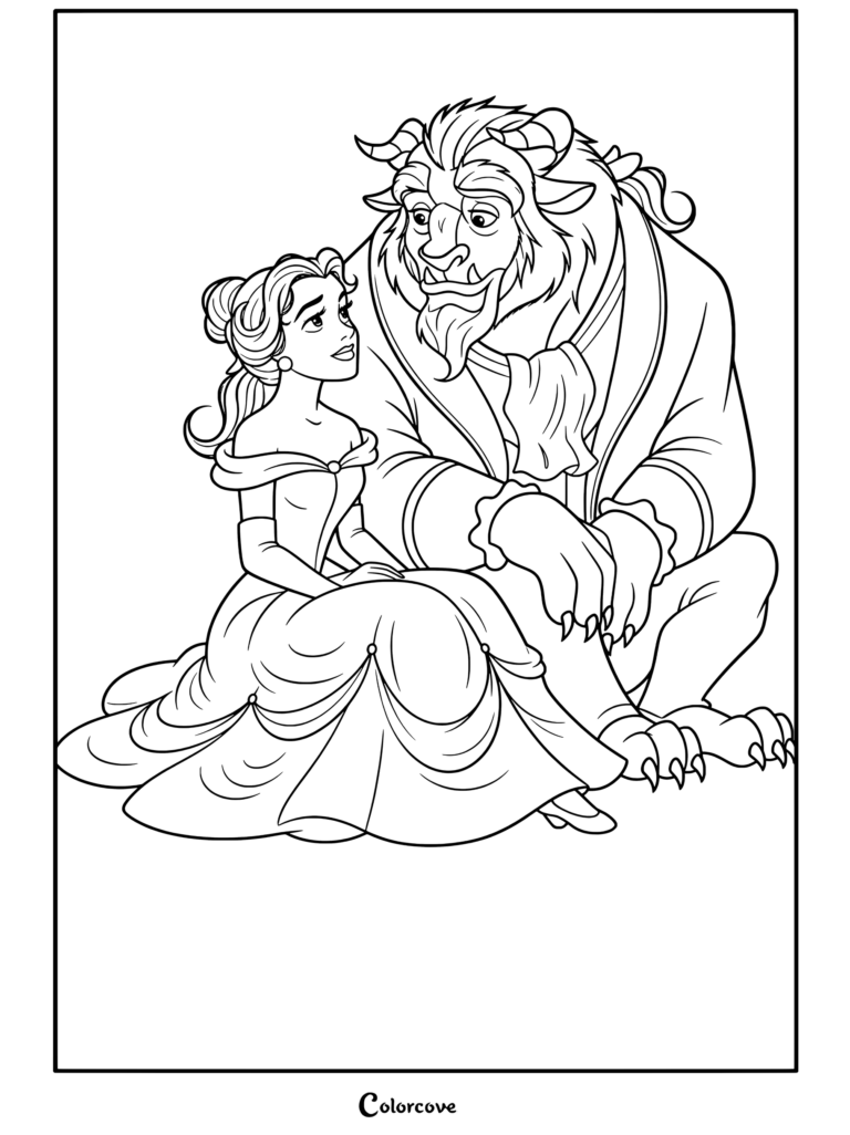 Coloriage de La Belle et la Bête avec Belle en robe de bal jaune assise avec tendresse et regardant La Bête en habit bleu.
