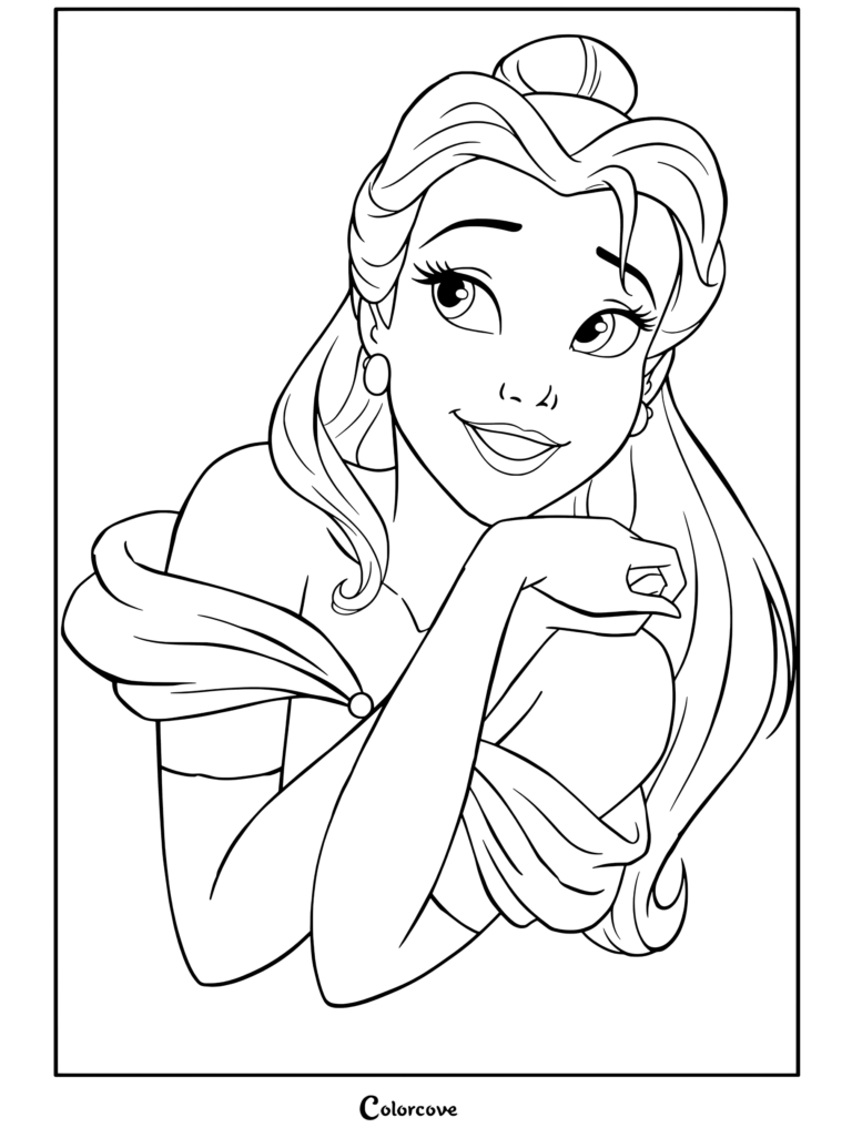 Coloriage de Belle de La Belle et la Bête montrant Belle souriante dans sa robe de bal, le menton posé sur sa main.
