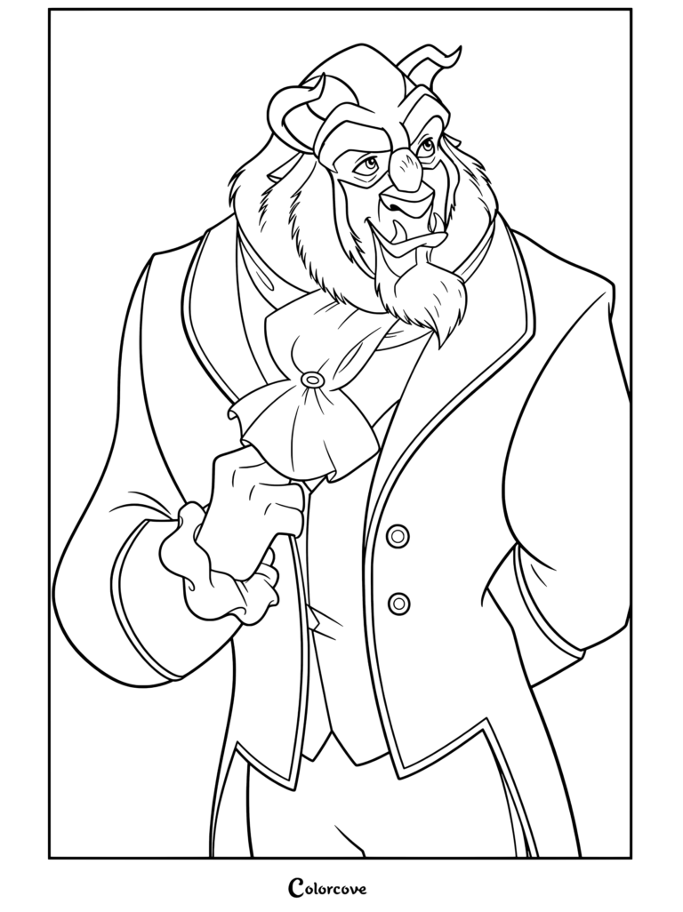 Coloriage gratuit à imprimer de La Bête vêtue d'une veste habillée et d'une cravate dans La Belle et la Bête.