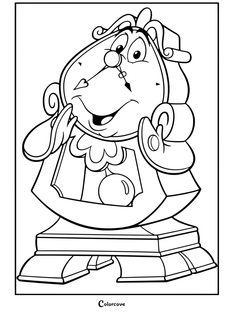 Coloriage gratuit de Big Ben dans La Belle et la Bête montrant l'horloge animée souriante, les mains près du visage.