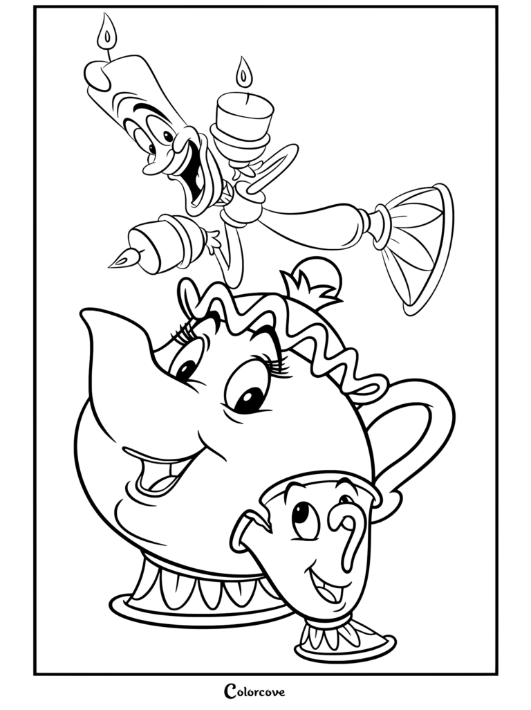 Coloriage de Lumière, Madame Samovar et Zip dans La Belle et la Bête