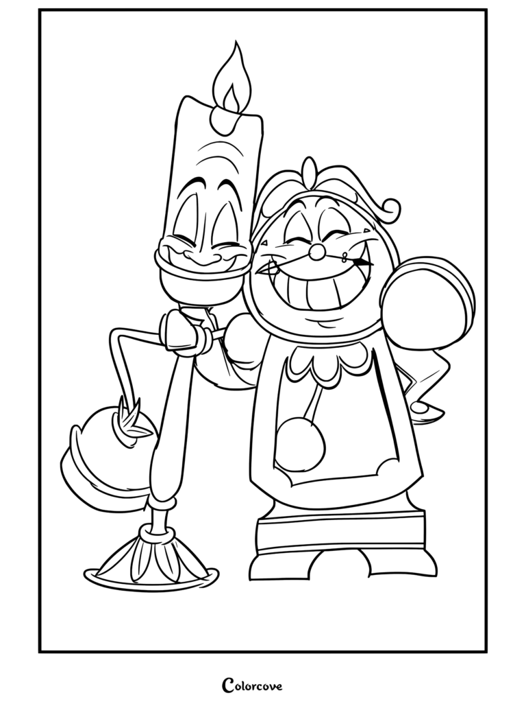 Coloriage gratuit de La Belle et la Bête mettant en scène Lumière (le charmant candélabre en laiton) et Big Ben souriant côte à côte.
