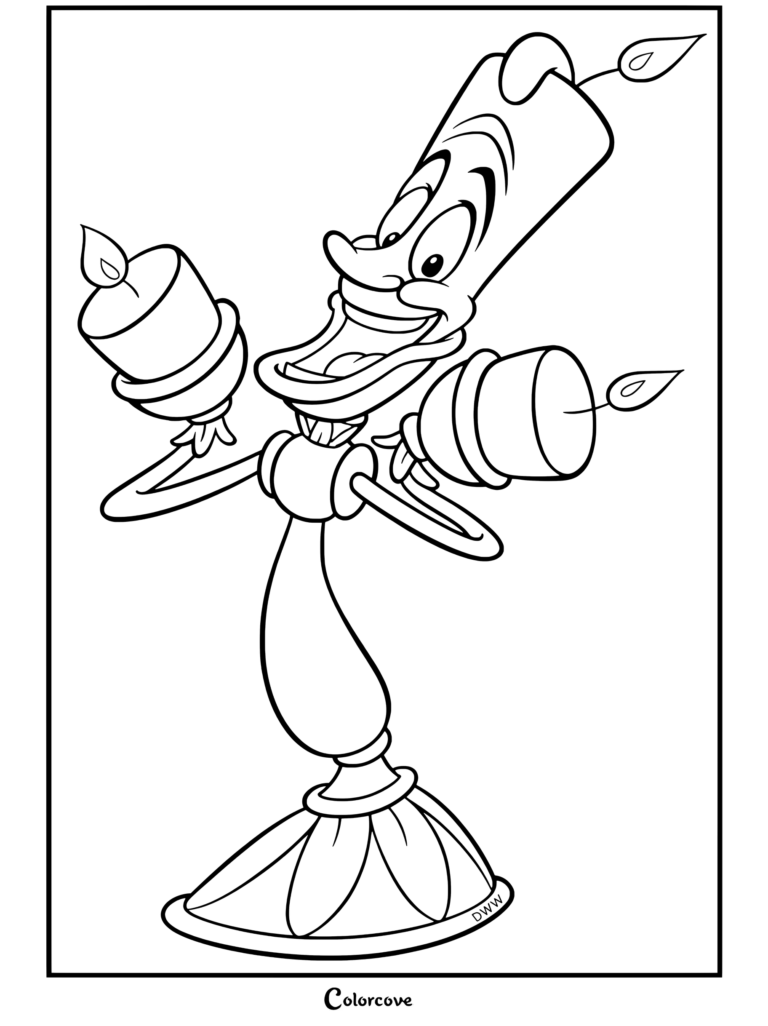 Coloriage à imprimer de Lumière de La Belle et la Bête, tenant deux bougies allumées avec un grand sourire.