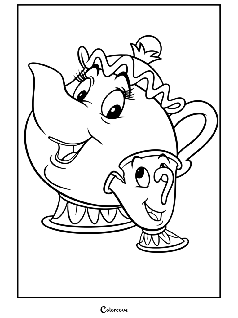 Coloriage de Madame Samovar et son fils Zip dans La Belle et la Bête
